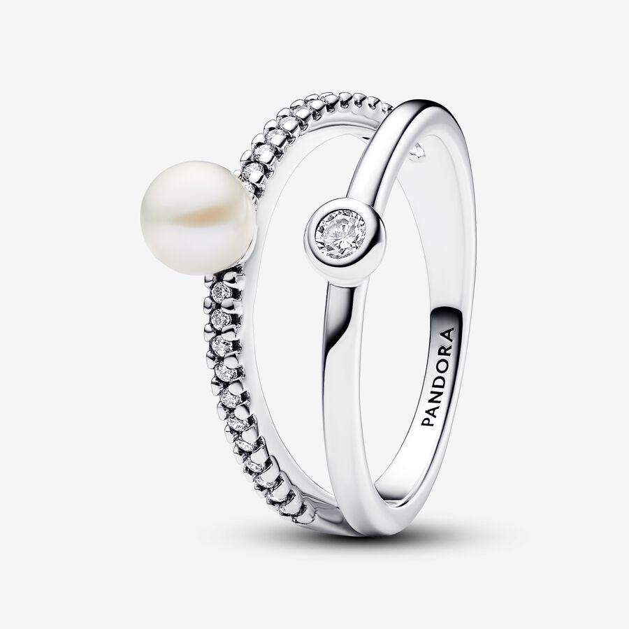 Pandora Ring, Treated Freshwater Cultured Pearl & Pavé Double Band Material: Sølv