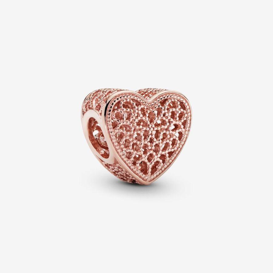 Pandora Charm, Filigree & Beaded Heart Material: Rosé Gull