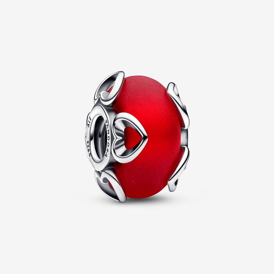 Pandora Charm, Frosted Red Murano Glass & Hearts Material: Sølv