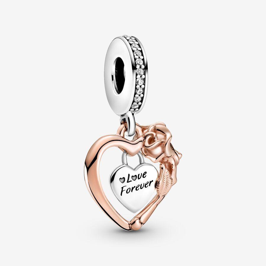 Pandora Charm, Heart & Rose Flower Dangle Material: Sølv,Rosé Gull