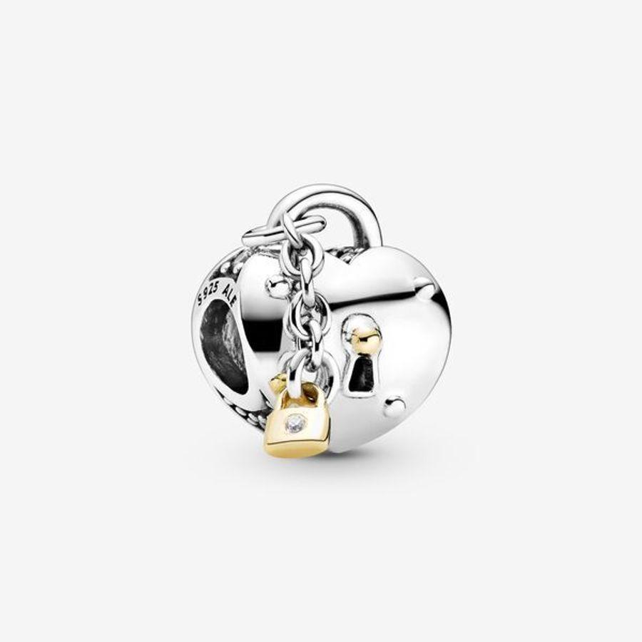 Pandora Charm, Heart & Lock Material: Sølv,Gult Gull