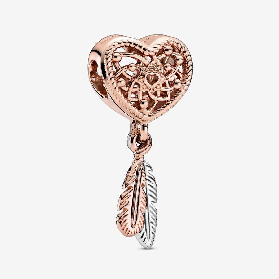 Pandora Charm, Rosé Openwork Heart & Two Feathers Dreamcatcher Material: Rosé Gull