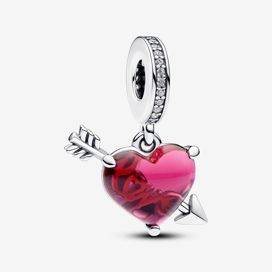 Pandora Charm, Red Heart & Arrow Murano Glass Dangle Material: Sølv