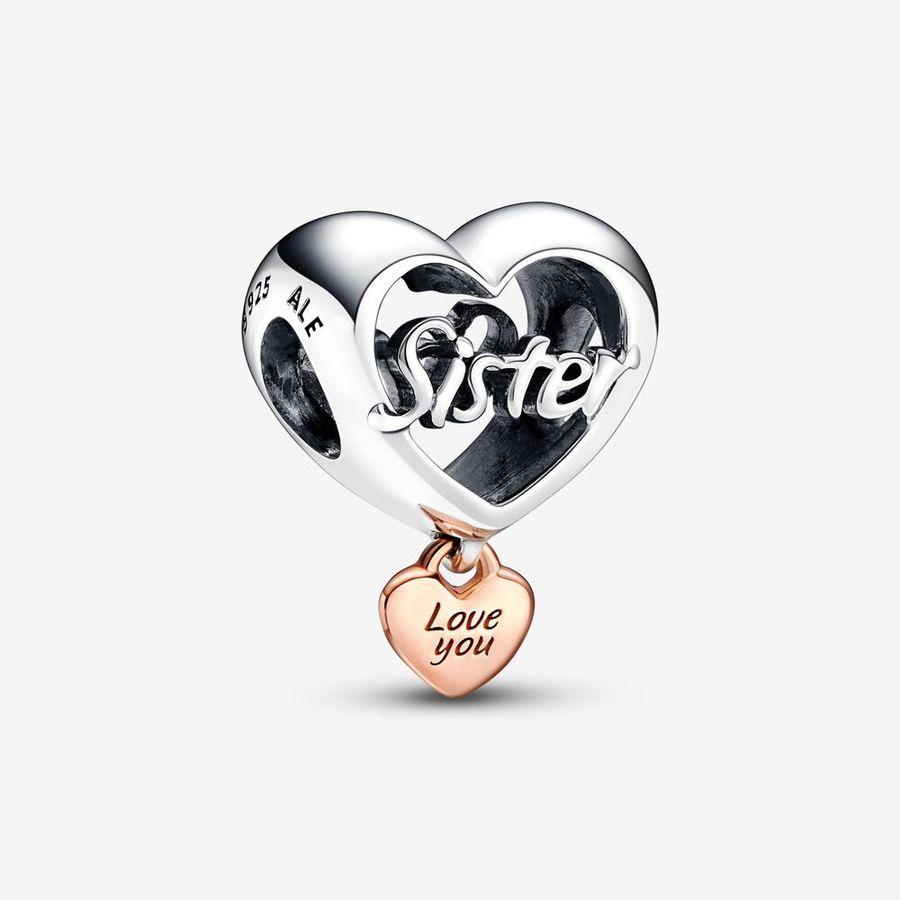 Pandora Charm, Love You Sister Heart Material: Sølv,Rosé Gull