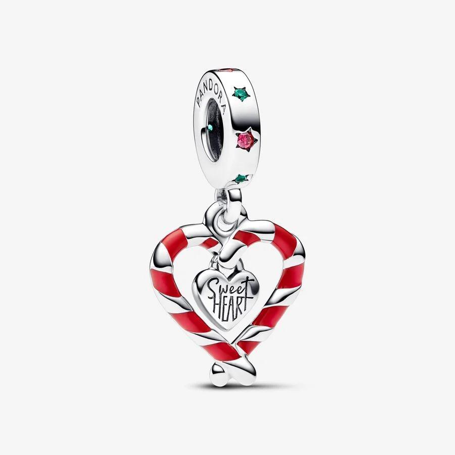 Pandora Charm, Double Candy Cane Heart Christmas Dangle Material: Sølv